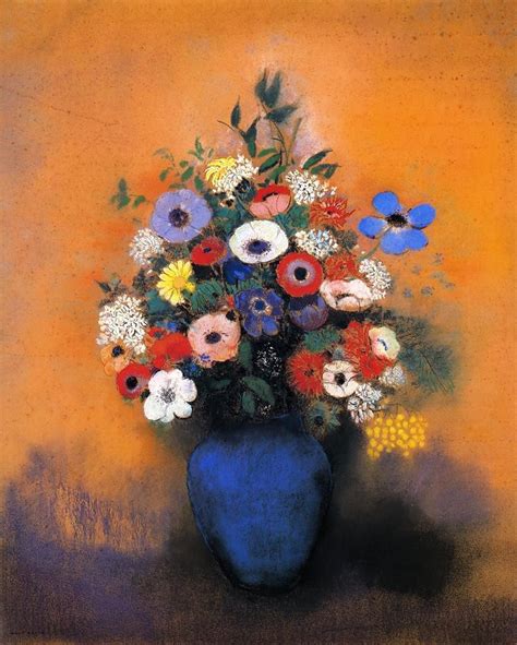 Minosas Anemonies And Leaves In A Blue Vase Odilon Redon Oil