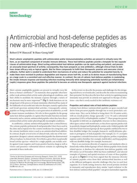 Antimicrobial And Host Defense Peptides As New Anti Infective