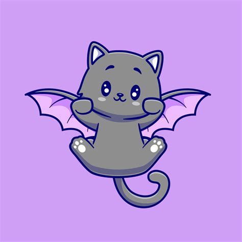 Cute Cat Bat Flying Cartoon Vector Icon Illustration Animal Halloween