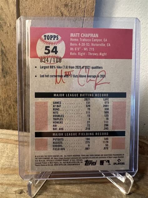 2022 Topps Chrome Platinum Matt Chapman Fuchsia Atomic Refractor 34100