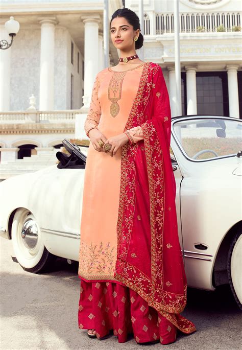 Peach Satin Embroidered Kameez With Palazzo Long Choli Lehenga