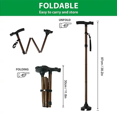 Folding Walking Cane With Foam Handle And Quad Foot And Steering Led