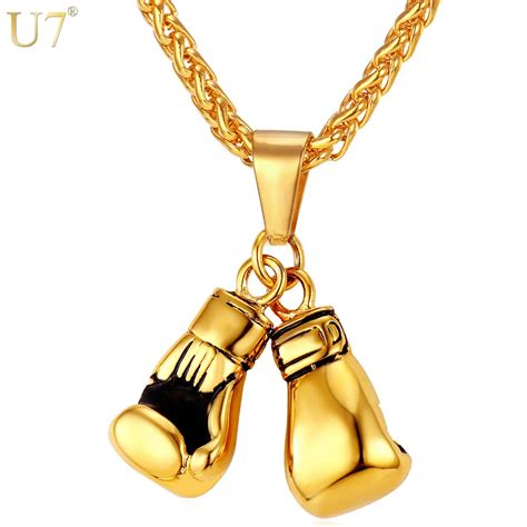 U7 Men Necklace Gold Color Stainless Steel Chain Pair Boxing Glove