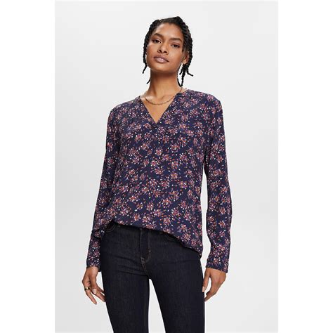 Floral Print V Neck Blouse With Long Sleeves Print Navy Background