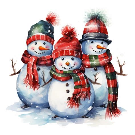 Premium AI Image There Are Three Snowmen Wearing Hats And Scarves On