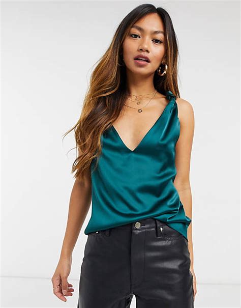 Asos Design Camisole Aus Satin In Blaugrün Mit Knotendetail Und