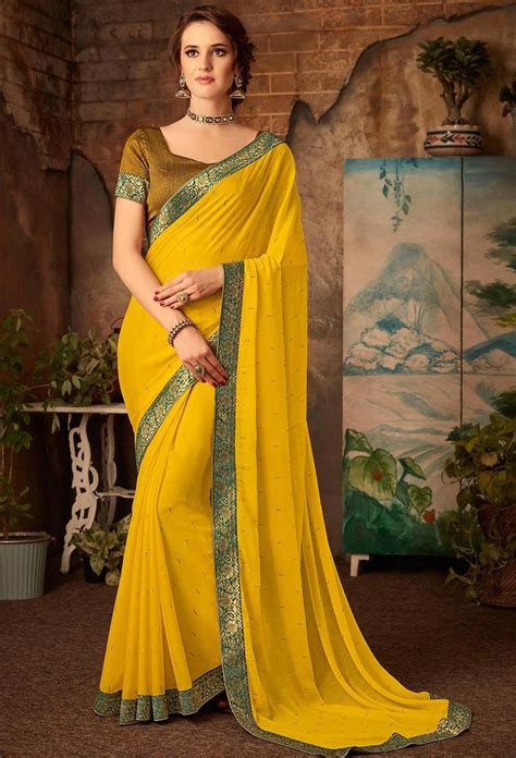 Yellow Chiffon Designer Saree Embellished Chiffon Chiffon Saree