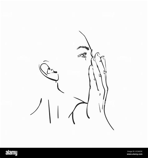 Linear sketch of young woman face covering her mouth with hand ...