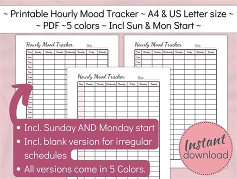 Simple Hourly Mood Tracker Printable Weekly Emotions Record Wellness