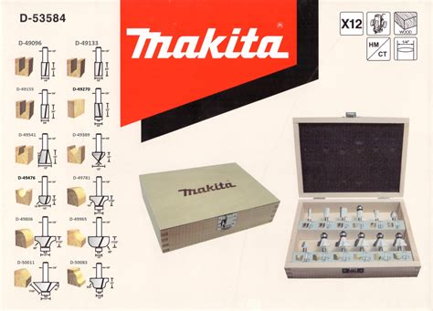 Juego Set Kit de 12 Fresas para Madera Makita D 53584 Vástago 1 4 con