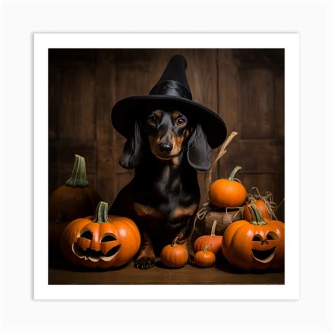 Dachshund And Pumpkins Halloween 3 Art Print By Lozzerly Fy