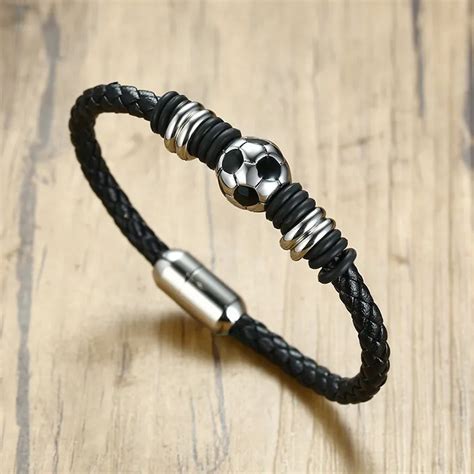 Black Genuine Leather Bracelet Mens Stainless Steel Sport Football