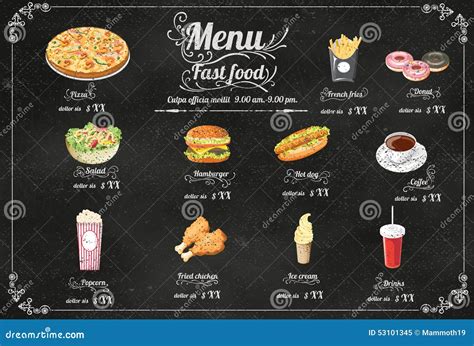 Restaurant Fast Foods Menu On Chalkboard Vector Format Eps10 Stock