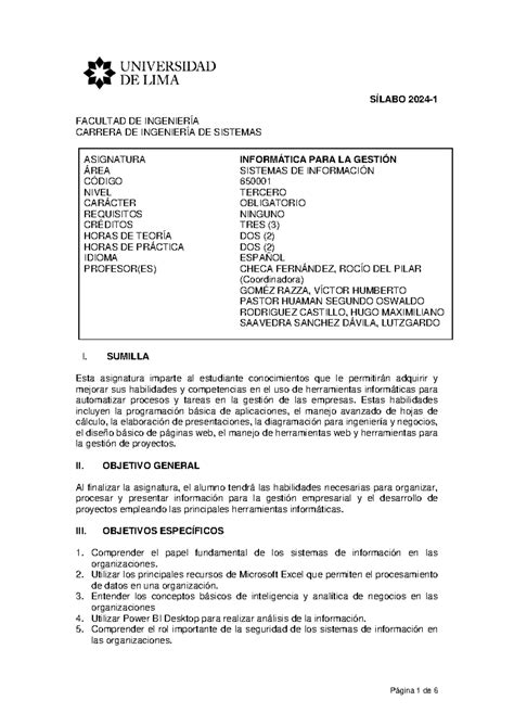 2024 1 SIL Informática PARA LA Gestión SÍLABO 2024 1 FACULTAD DE