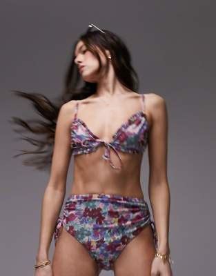 Topshop Mix And Match Frill Tie Front Triangle Bikini Top In Blurred