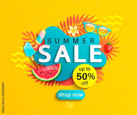 Summer Sale Banner Hot Season Discount Poster With Tropical Leaves Ice