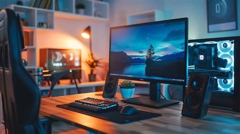 Minimalist Gaming Setup on Wooden Desk with Focal Point on Clean White Walls Blurred PC and RGB ...