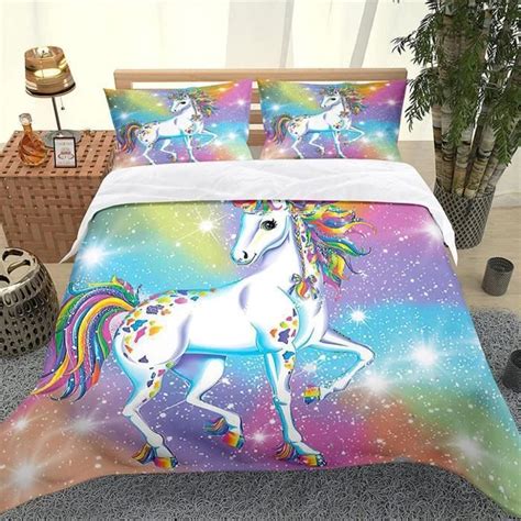 Parure Lit Licorne De Dessin Animé Housse De Couette Et 2 Taie d