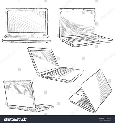 Laptop Set. Computer Sketch Hands Sketch Vector Illustration. Gadget ...