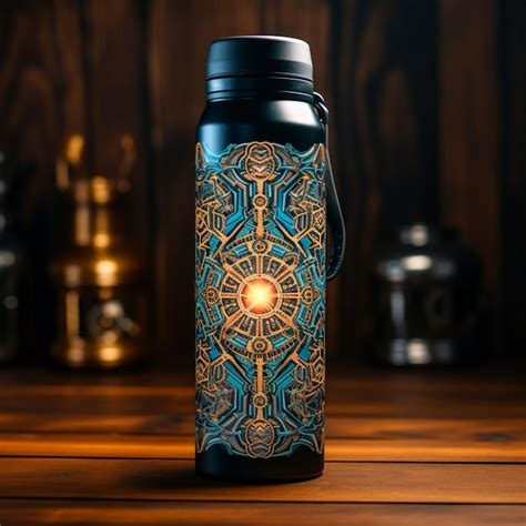 Premium Photo There Is A Blue And Gold Water Bottle On A Wooden Table