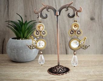 Nude Dangle Earrings Glamour Vitrail Dangle Earrings With Crystals Handmade Soutache Earrings
