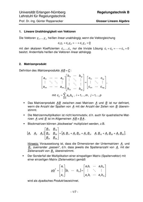 Glossar Lineare Algebra Universit T Erlangen N Rnberg Lehrstuhl F R