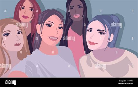 Ilustraci N Plana Con Cinco Chicas Tomando Un Selfie Razas Mixtas Y