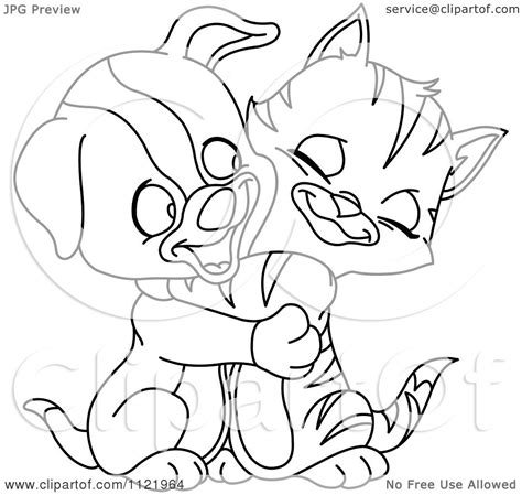 Cartoon Of An Outlined Cute Puppy And Kitten Hugging - Royalty Free Vector Clipart by yayayoyo ...