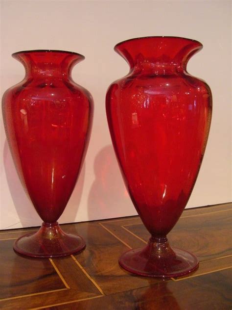 Pair of Ruby Red Venetian Glass Vases For Sale | Antiques.com | Classifieds