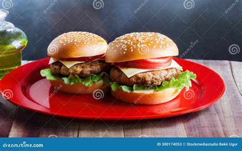 Layered Illusions Photorealistic Hamburgers On A Red Plate Stock