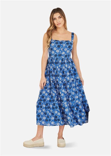 Yumi Blue Cotton Voile Floral Strappy Midi Sun Dress Matalan