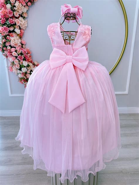 Vestido Infantil Rosa Damas C Renda E Cinto De P Rolas Luxo Rosa