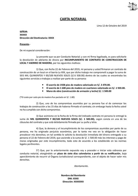 Modelo De Carta Notarial Deuda Modelo Carta Notarial Cobro De