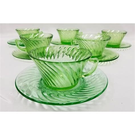 Lot Set Of 6 Vaseline Glass Swirled Cups And Saucers