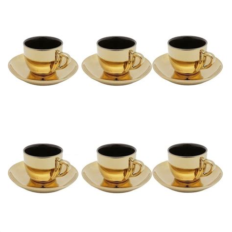 Jogo De Xícaras Porcelana Para Café Pires Preto Dourado Versa 90Ml