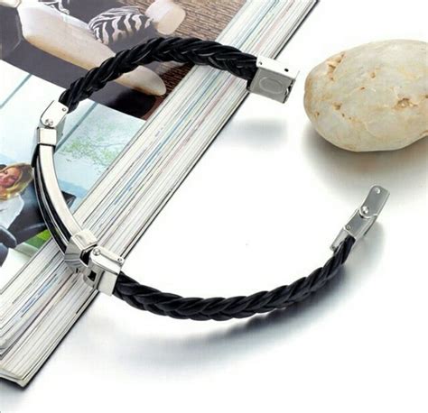 Pulsera Brazalete Elegante Hombre Piel Acero Inoxidable En