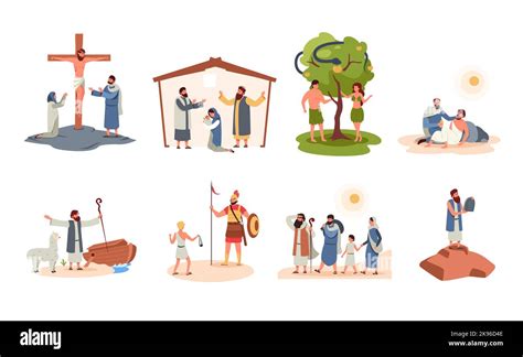 Bible Scenes Cartoon Ancient Biblical Characters Flat Style