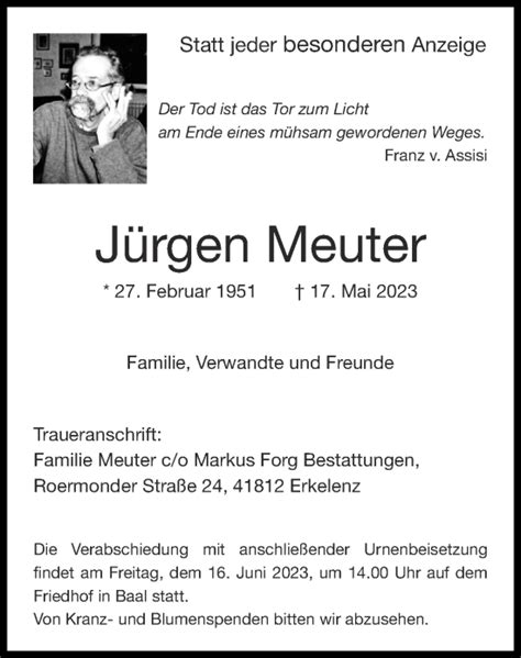 Traueranzeigen von Jürgen Meuter Aachen gedenkt