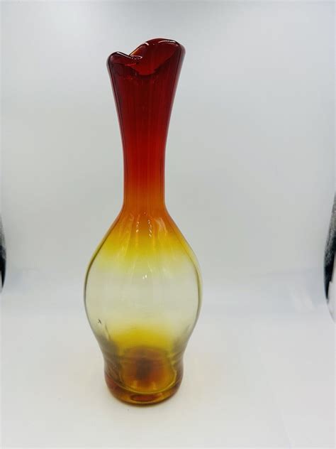 Blenko Vase Art Glass Tangerine Rib Bud Red 64d Optic 1970 Mid Century Decor On Ebid United