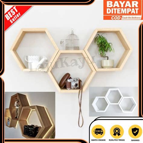 Jual Rak Gantung Hexagonal Hiasan Dinding Kayu Segi Enam Set