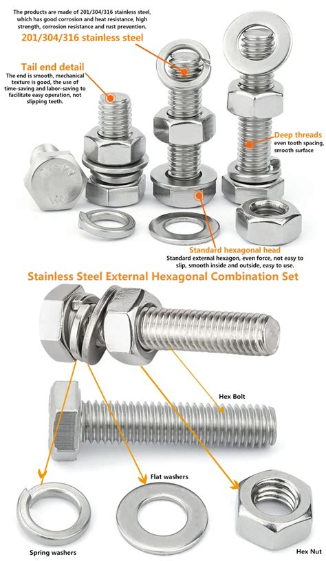 Factory Stainless Steel Nuts Bolts And Washer Set Outer Hexagon Bolt M