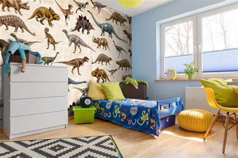 Patterned Dinosaur Wallpaper In Boys Bedroom - Boys Wallpaper For ...