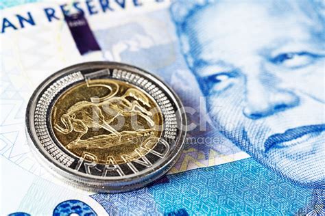 Five Rand Coin Rests On New Mandela South African Banknote Stock Photo ...