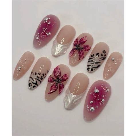 Nailbox 833 Móng tay giả thiết kế thủ công màu nude hồng đen vẽ hoa