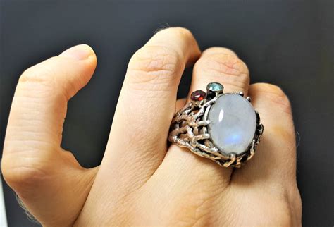 Sterling Silver Natural Moonstone Ring Genuine Garnet Blue Topaz