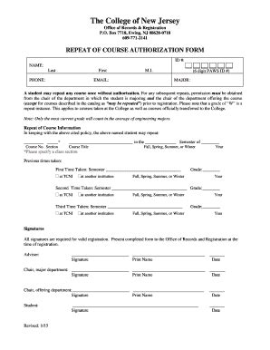 Fillable Online Recreg Tcnj REPEAT OF COURSE AUTHORIZATION FORM