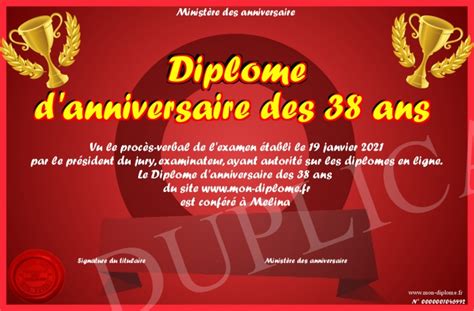 Diplome D Anniversaire Des 38 Ans