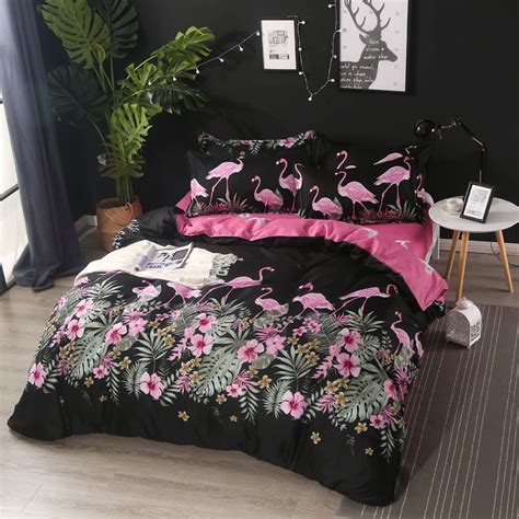 Black Floral Flamingo Bedding Sets Twin Queen King Size 3 4pcs Girls