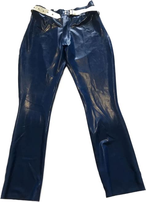 Sexy Herren Blaue Latex Fetisch Hose Gummi Jeans Taschen Mit Gürtel Und