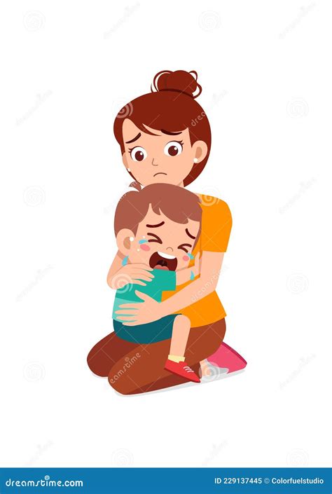 Young Mother Hug Crying Little Boy And Try To Comfort Stock Vector